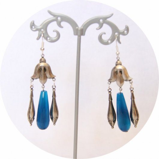 Boucles d'oreilles rétro Art Nouveau bleues goutte facetée turquoise et pampille art nouveau argentée