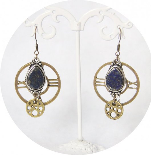 Boucles d'oreilles Steampunk rondes bronze et bleu lapis lazuli