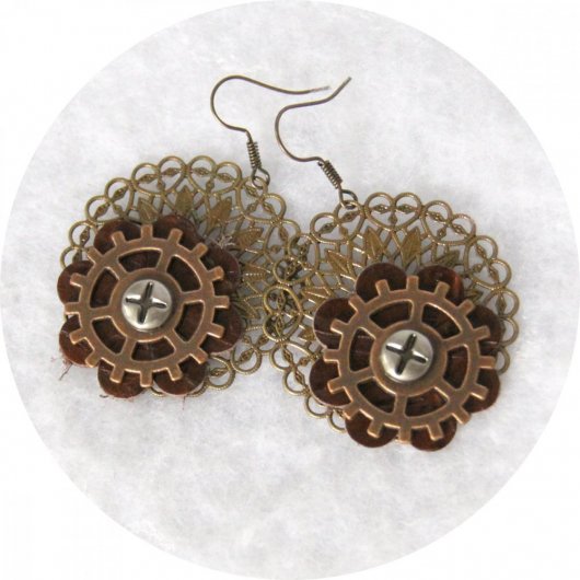 Boucles d'oreilles Steampunk rondes bronze cuivre et cuir marron
