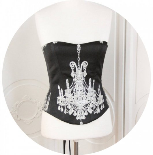 Bustier- corset Baroque, motif argent sur fond noir, bustier baroque noir et argent,corset baroque noir et argent,chandelier argent, lacage